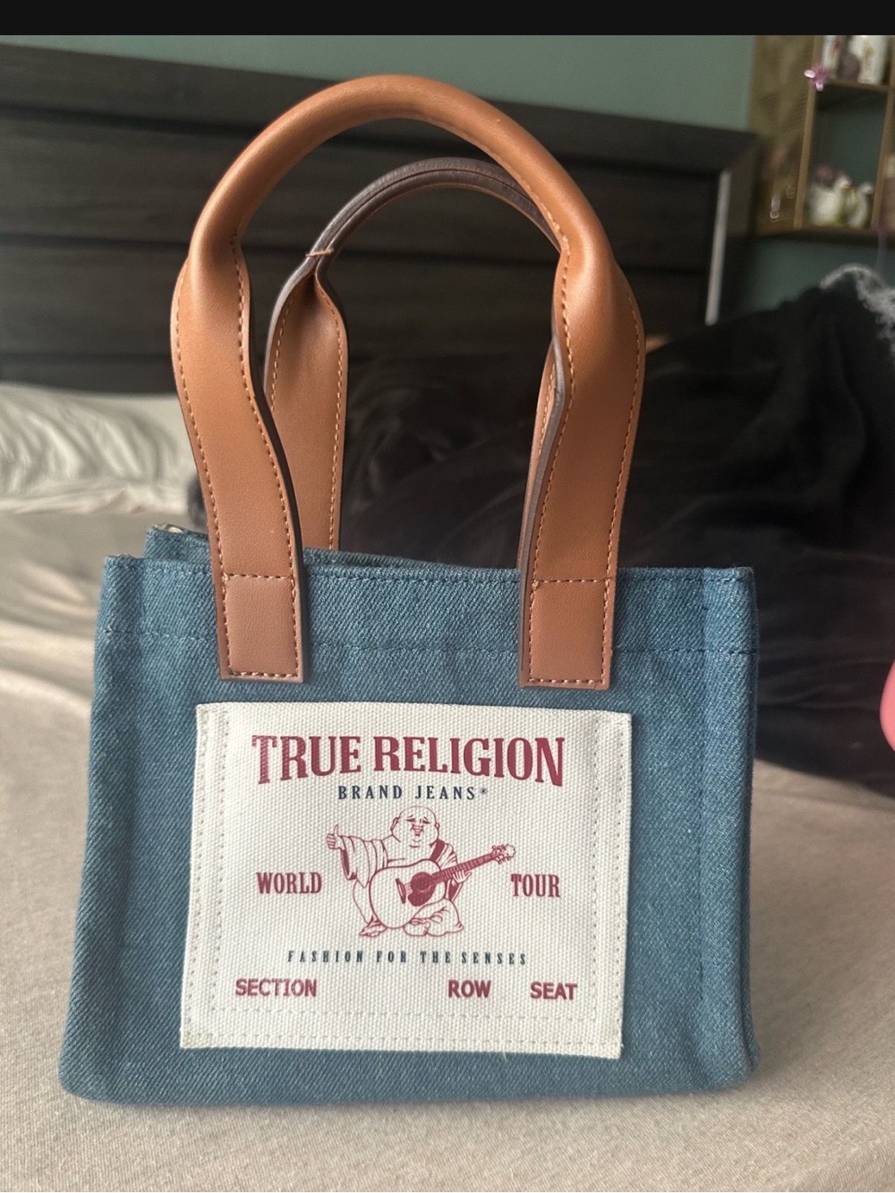 True Religion Blue Denim Mini Tote with Brown Leather Handles